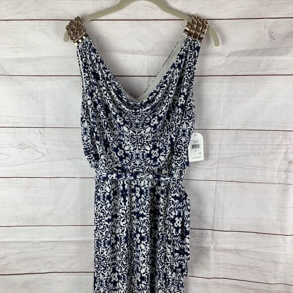 Jessica Simpson Dress maxi Blouson Belt Gown M Gold Chain elastic wedding Greek - Picture 2 of 16